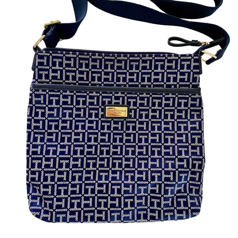 Tommy Hilfiger Blue White Crossbody Bag Geometric Pattern Adjustable Strap NEW